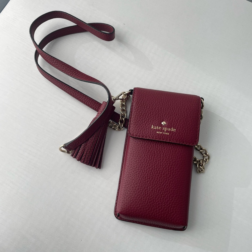 Kate Spade Maroon Pebble Leather Phone Wallet Crossbody